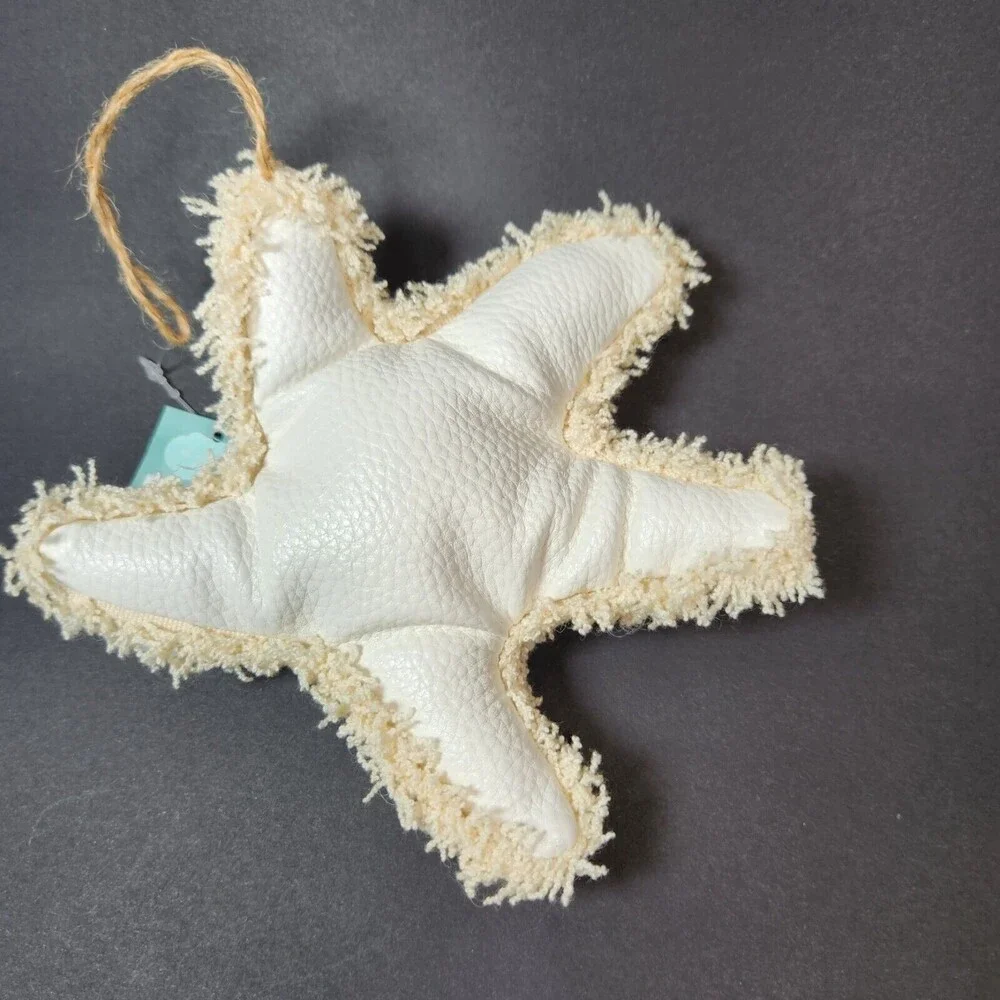 St Nicholas Square Starfish Ornament White Faux Leather Blue Glitter Fringed 6